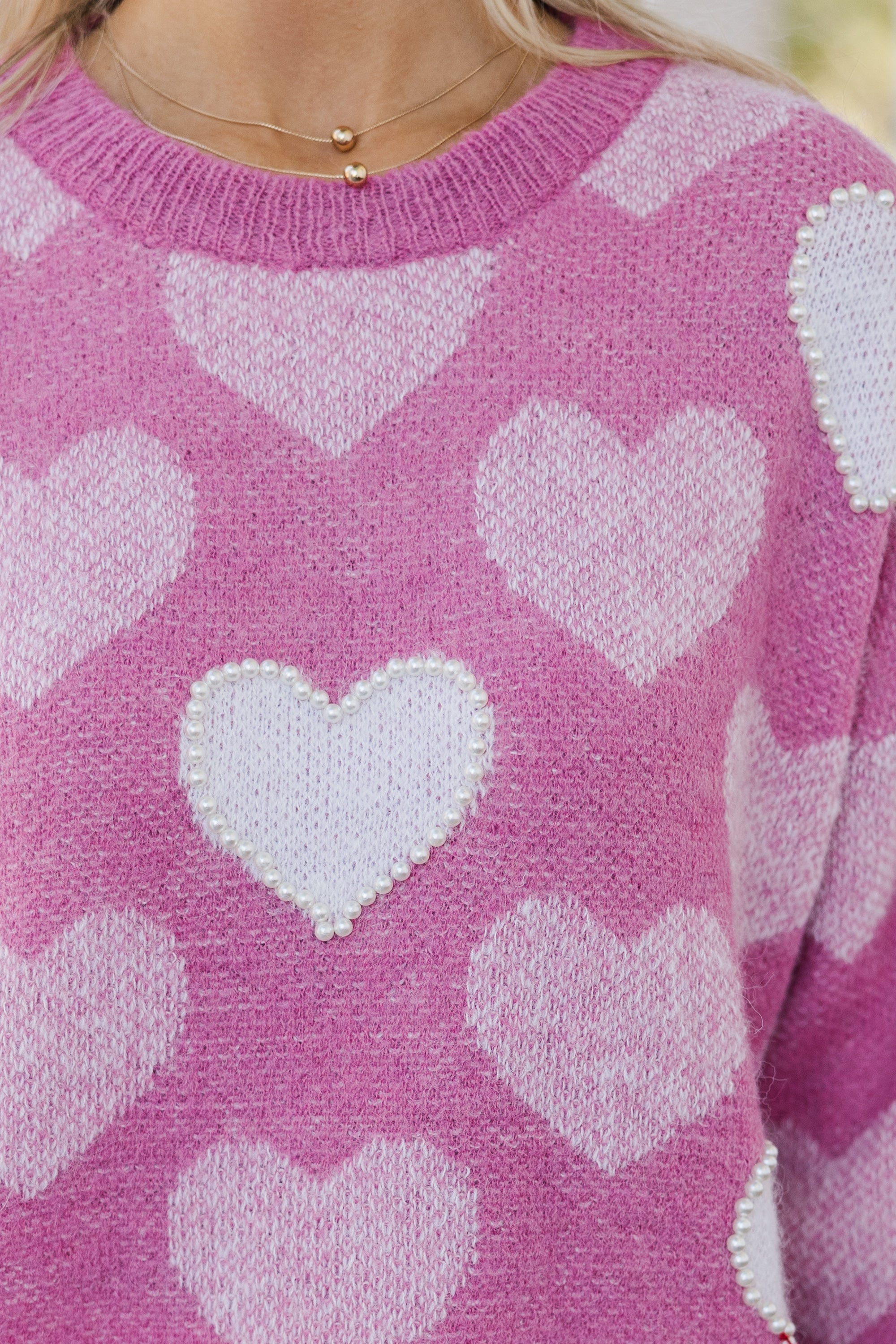 Love - Filled Pink Heart Pearl - Adorned Sweater