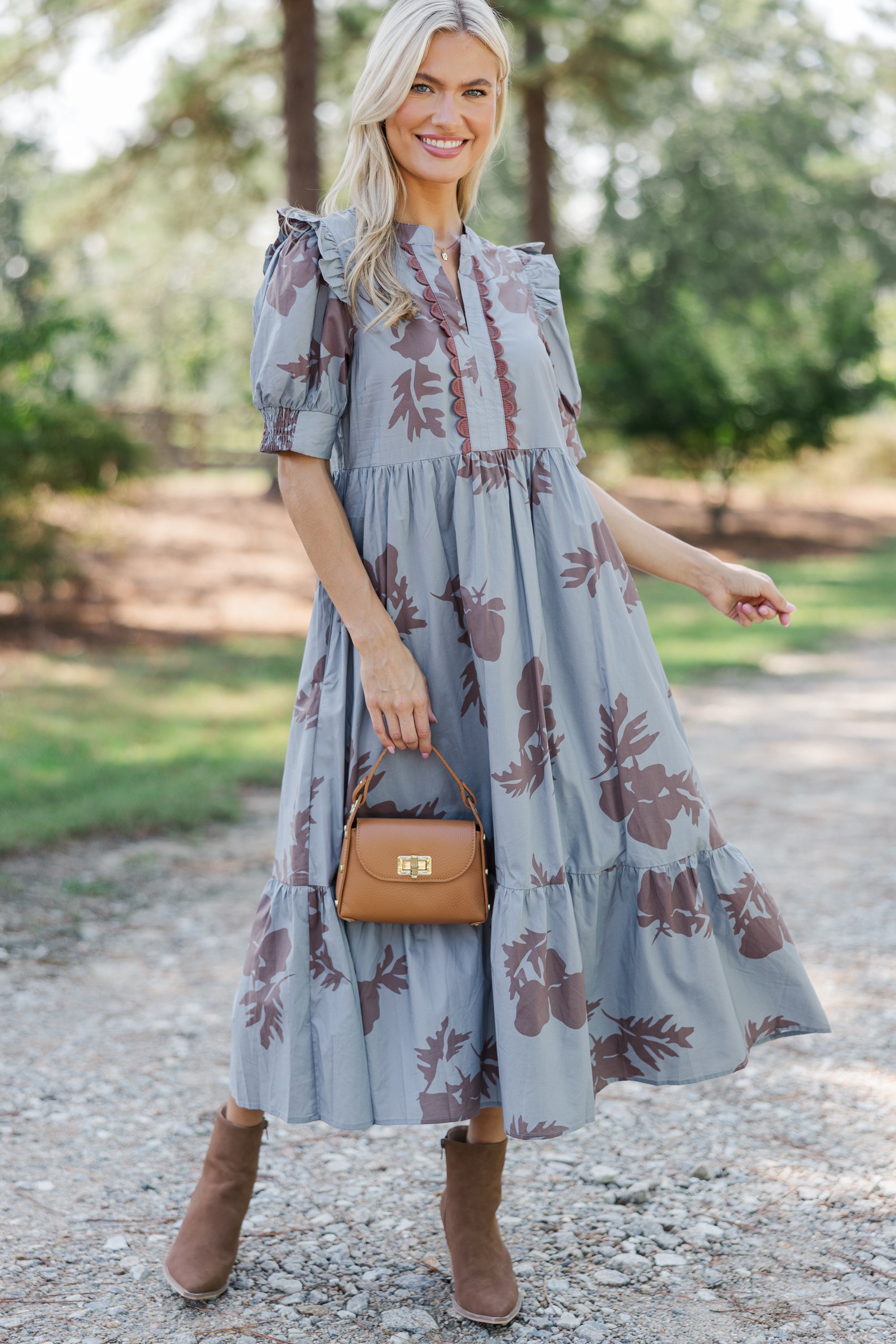 Enchanting Slate Blue Floral Midi Dress: Fall's Allure