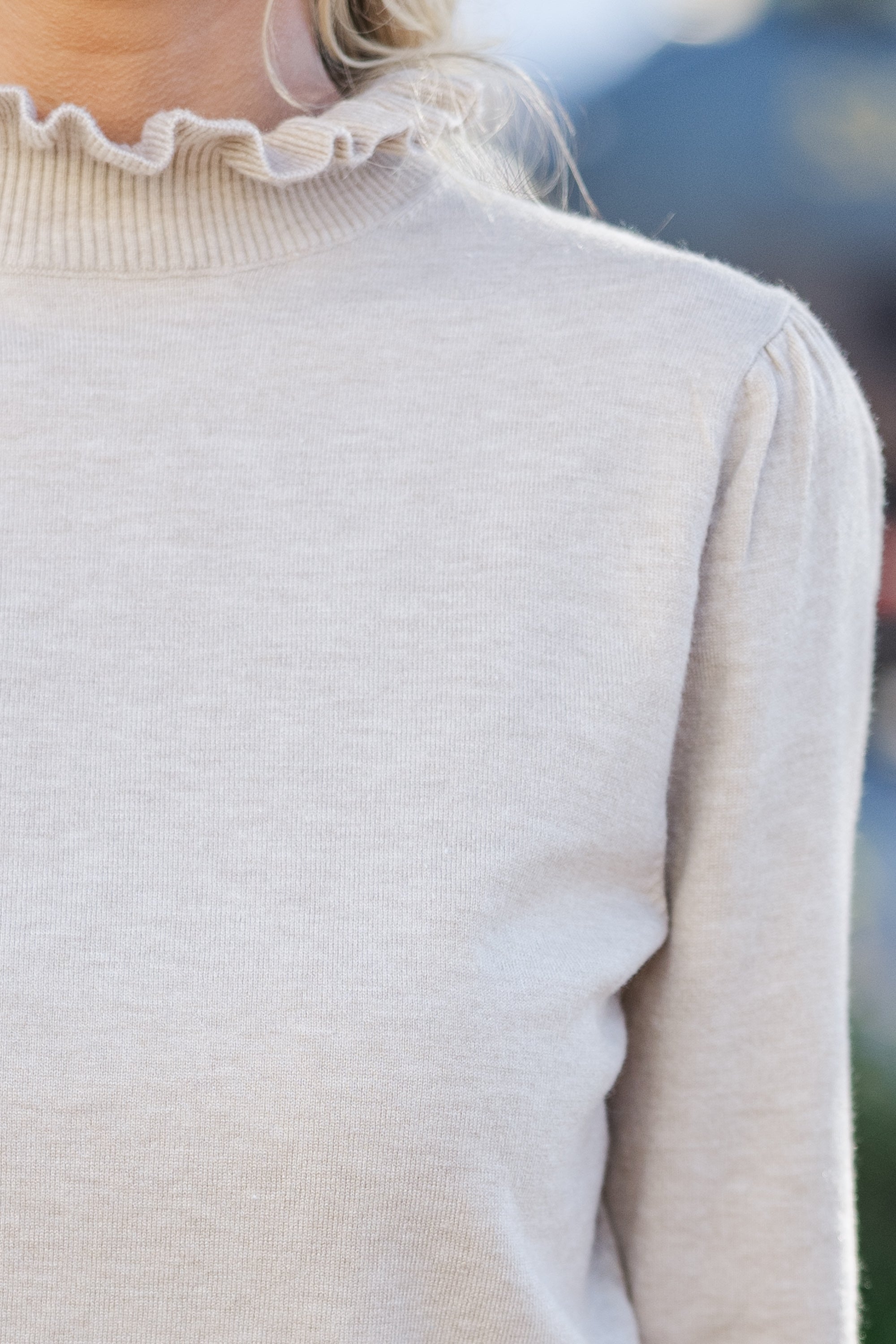Enchanting Oatmeal Ruffled Return Sweater