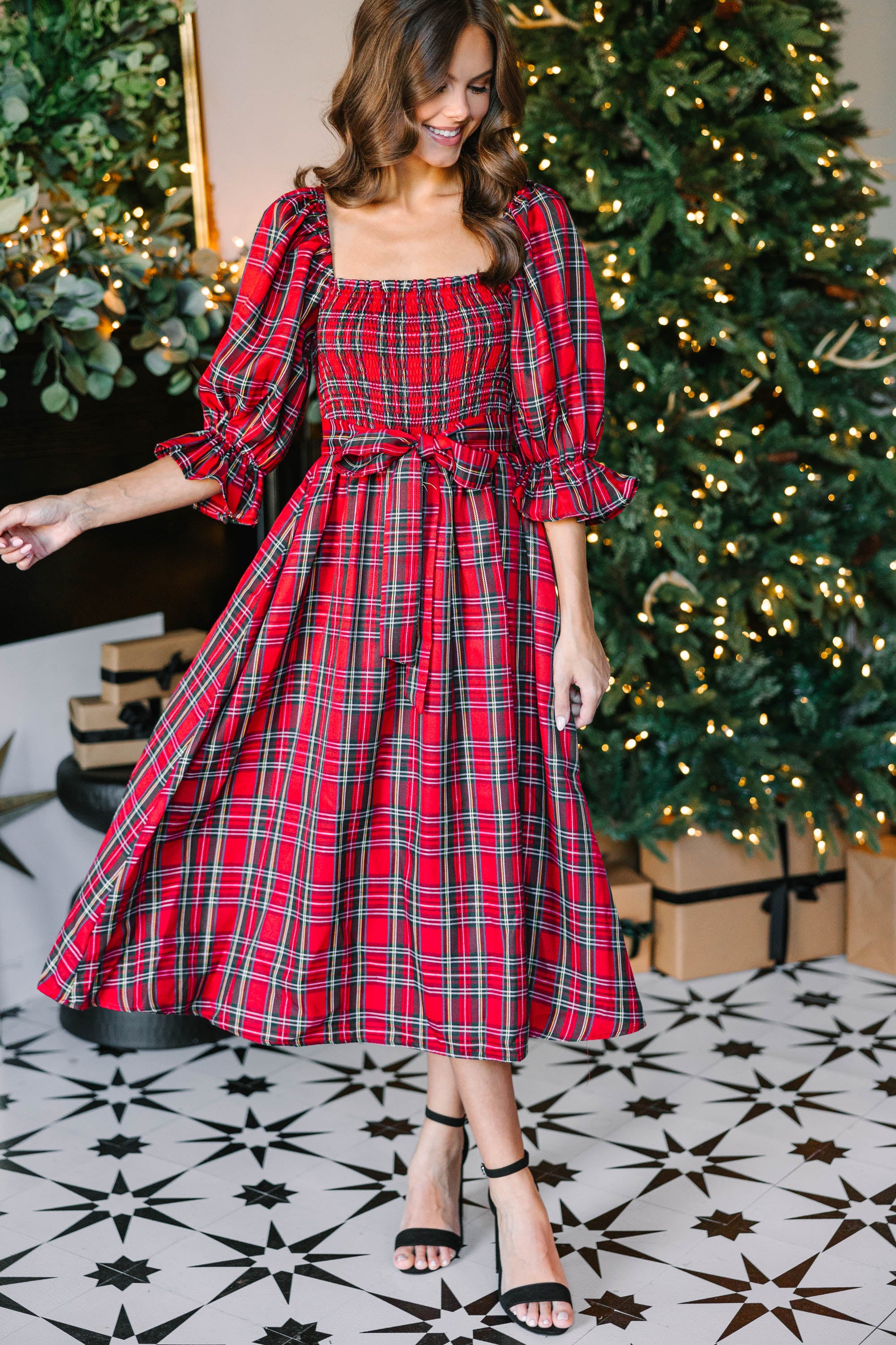Irresistible Red Tartan Plaid Midi Dress for the Holidays