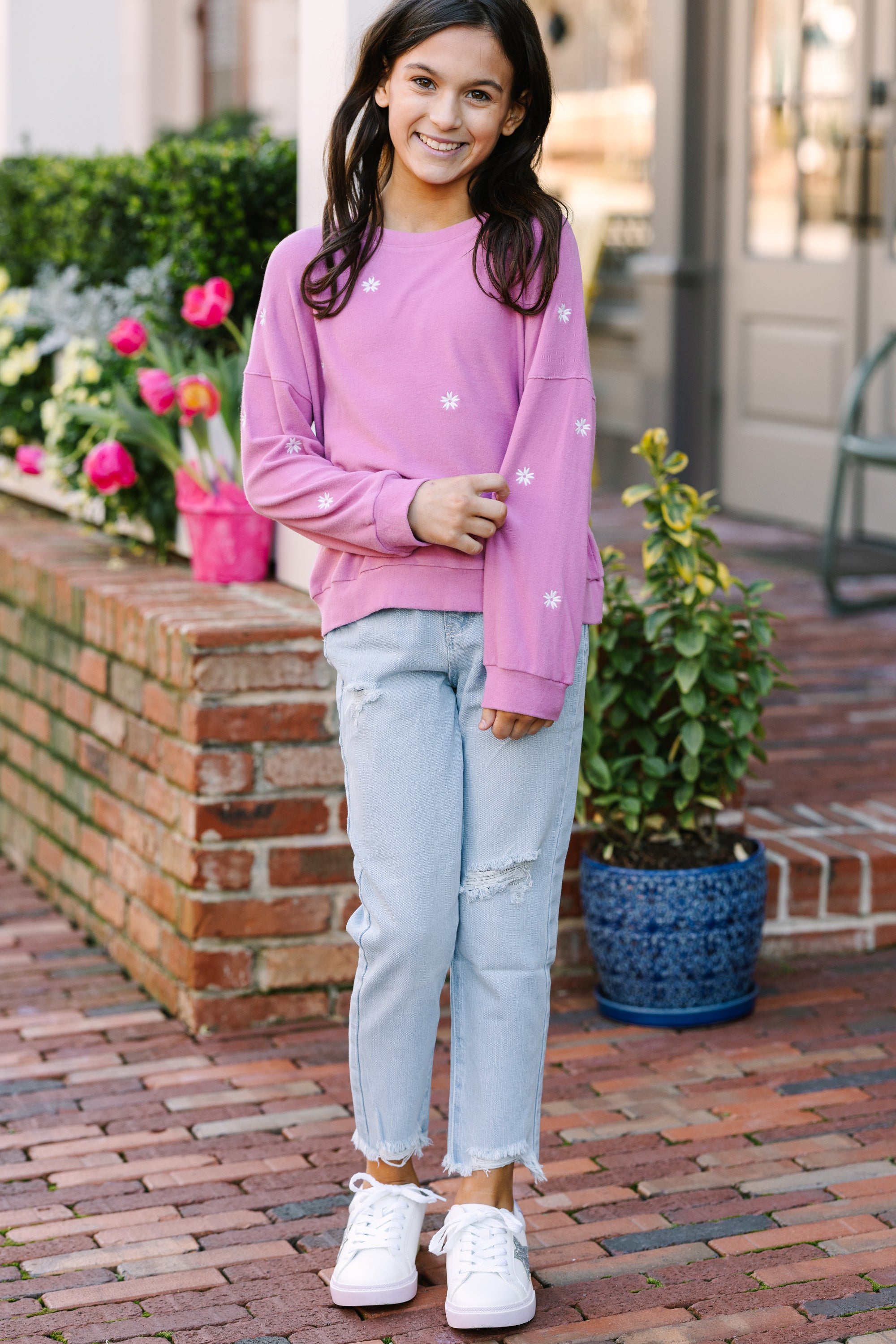 Girls' Adorable Pink Floral Embroidered Pullover - See You Later Style!