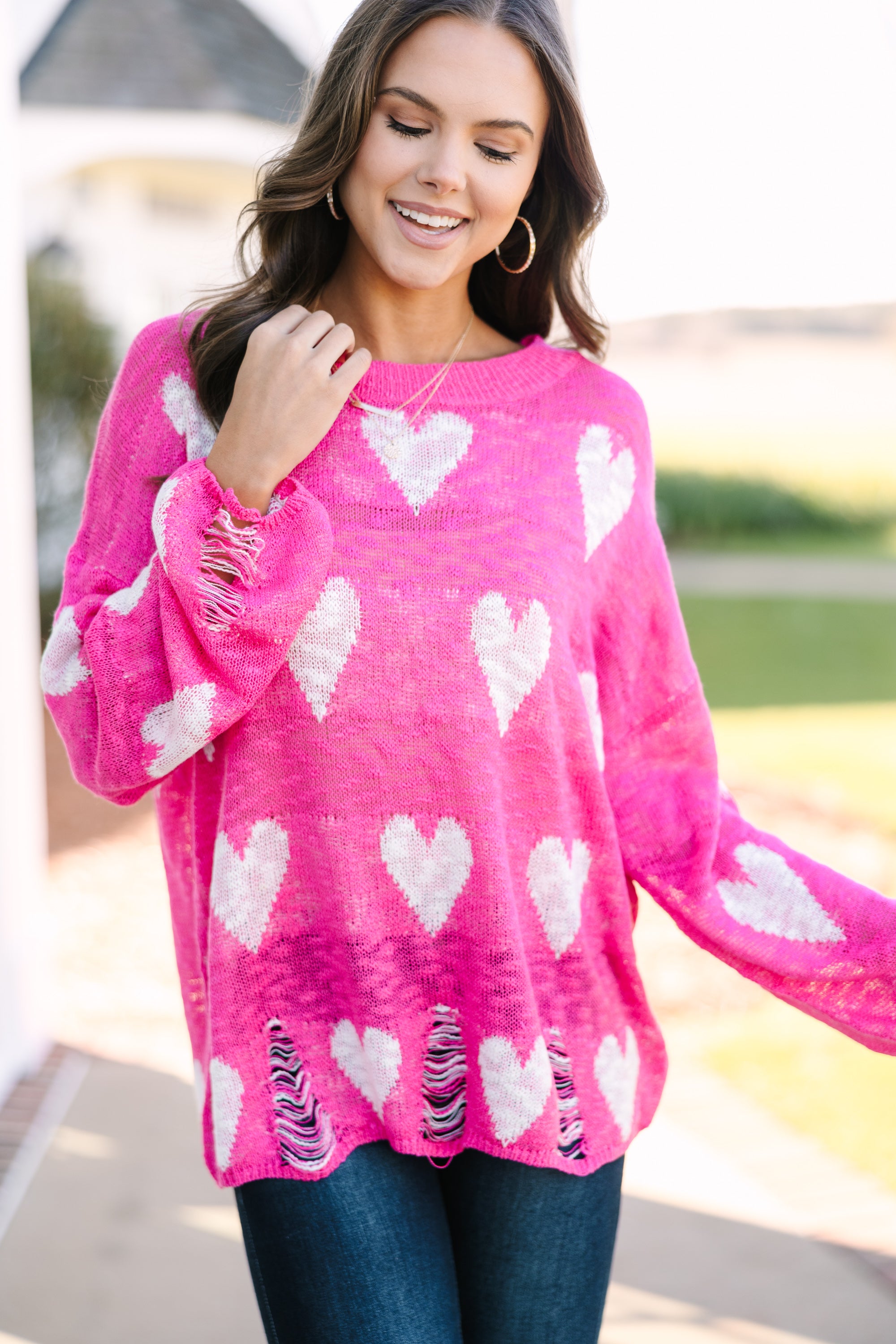Royal Fuchsia Pink Heart-Print Sweater: Feel Like a Queen!
