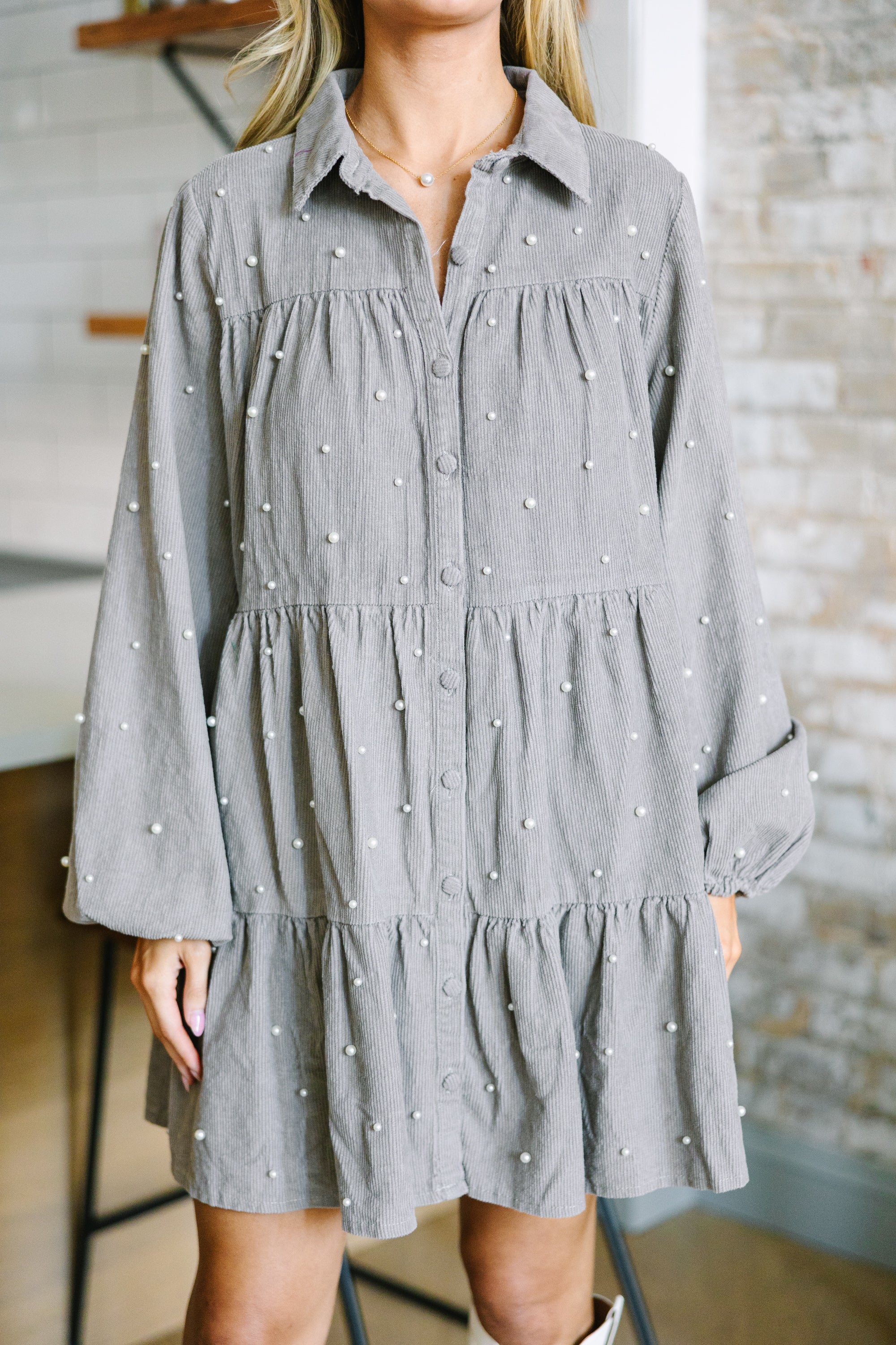 Joyful Charcoal Gray Pearl-Embellished Corduroy Babydoll Dress