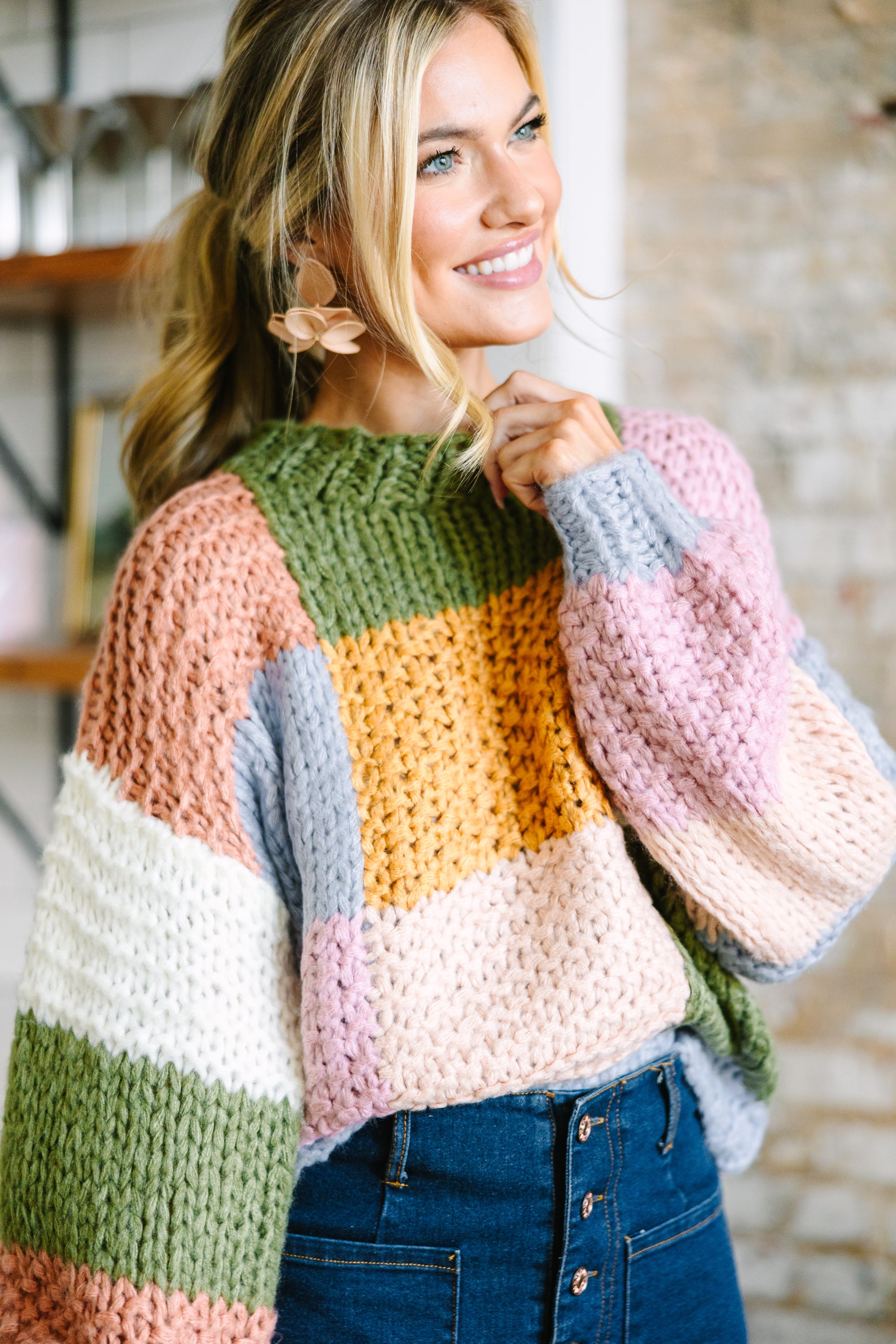 Irresistible Olive Green Colorblock Chunky Sweater