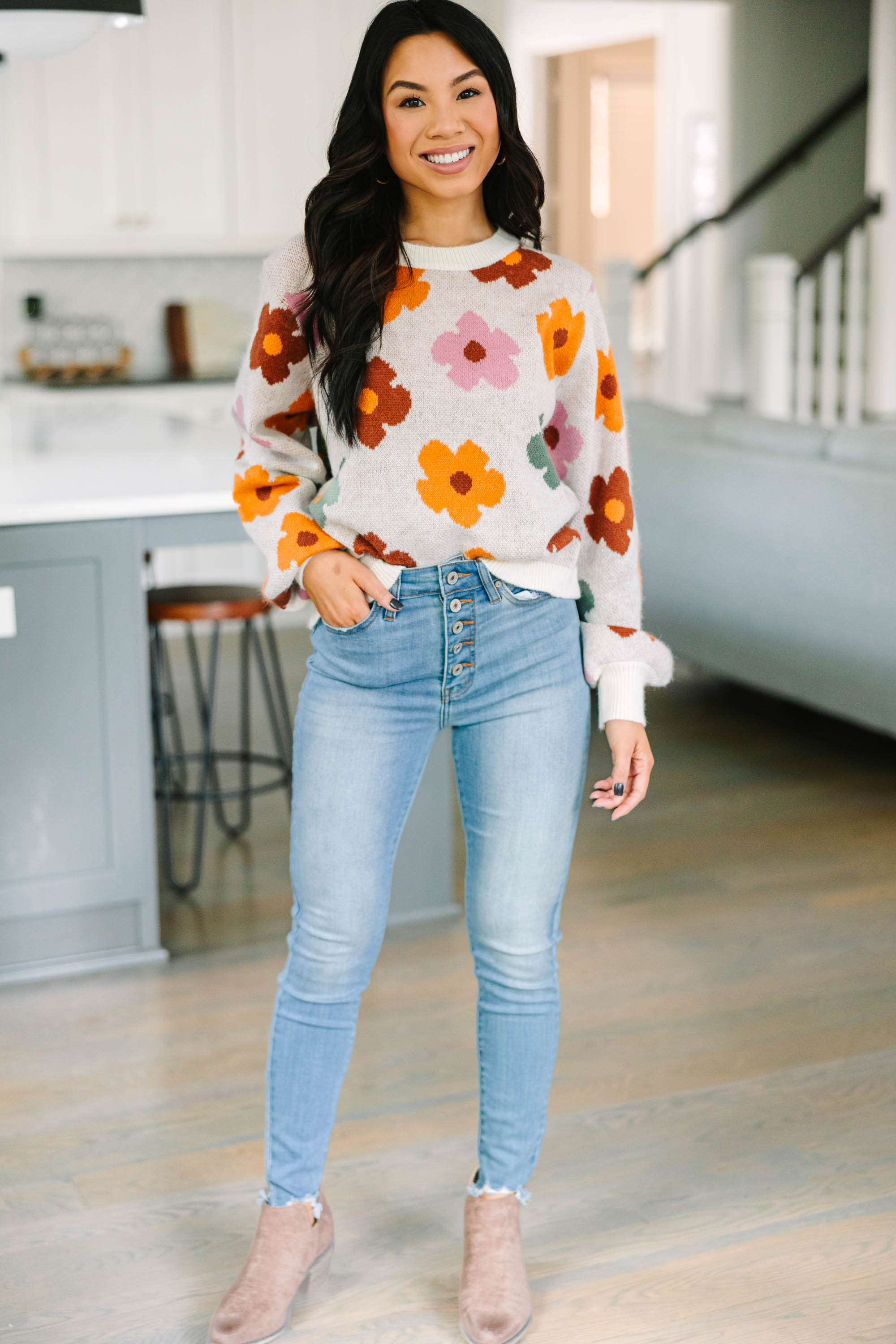 Irresistible Everyday White Floral Fun Sweater