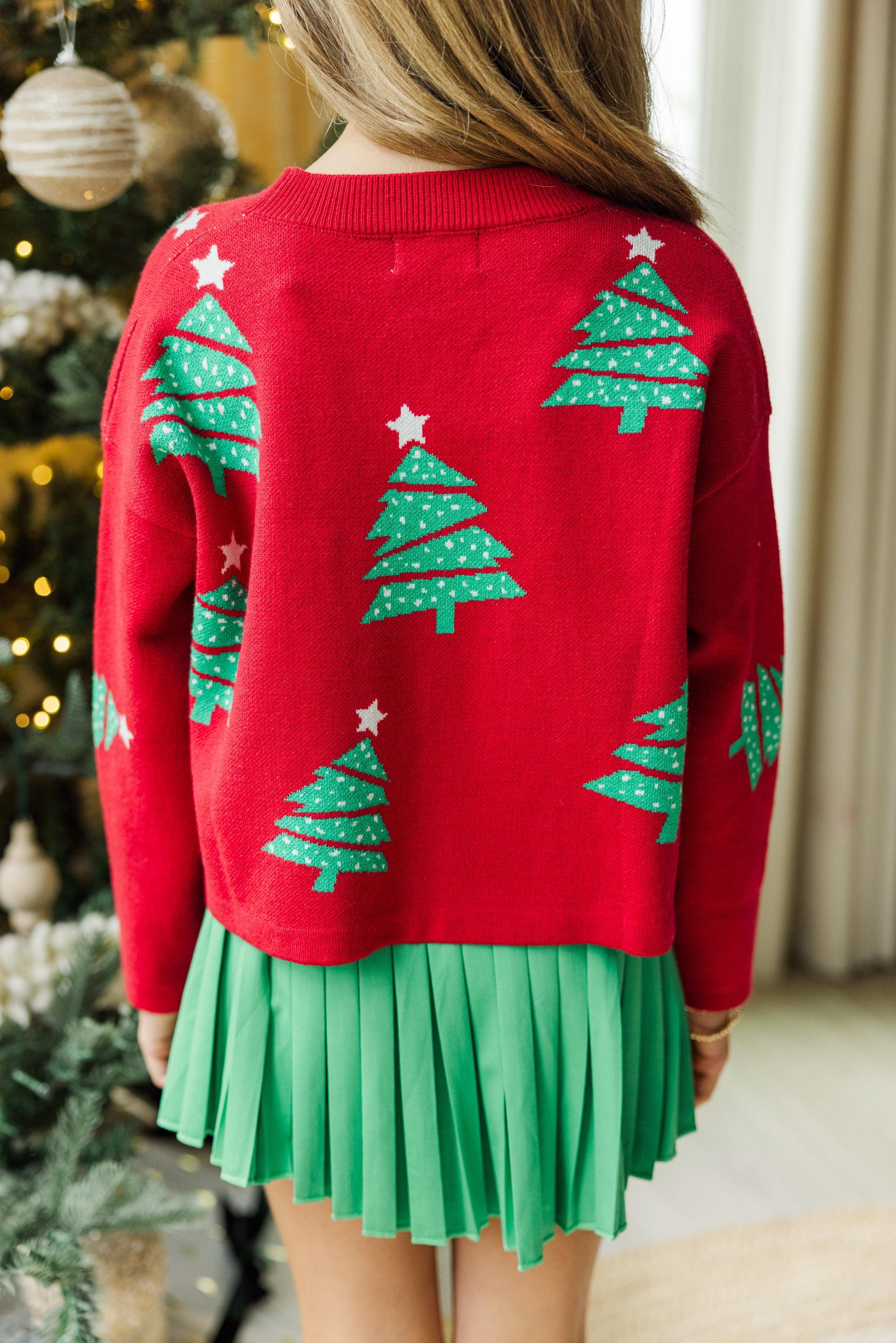 Girls' Festive Red Christmas Tree Sweater: A Must-Have!