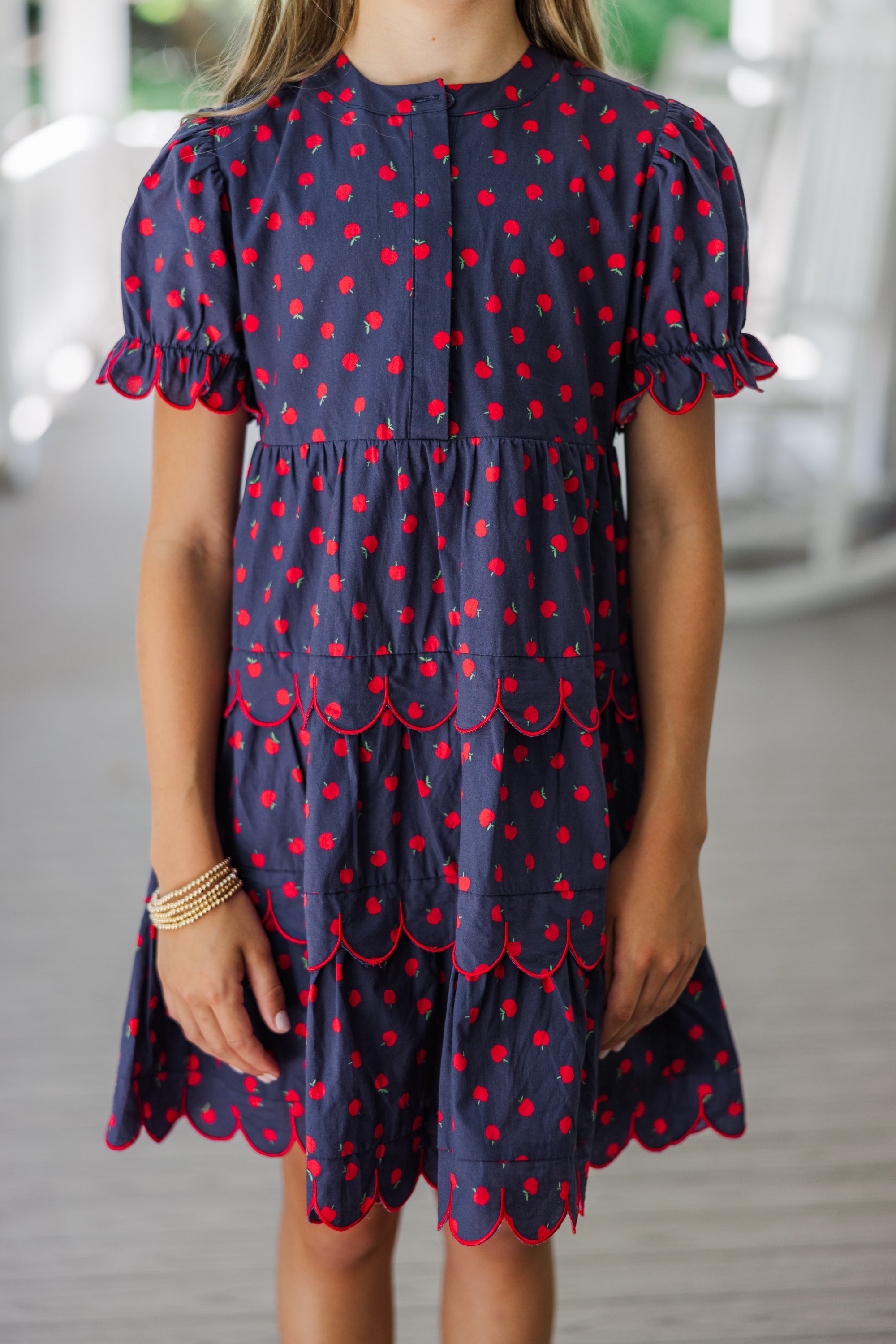 Irresistible Girls' Navy Blue Apple Print Dress - Perfectly Paired for School!