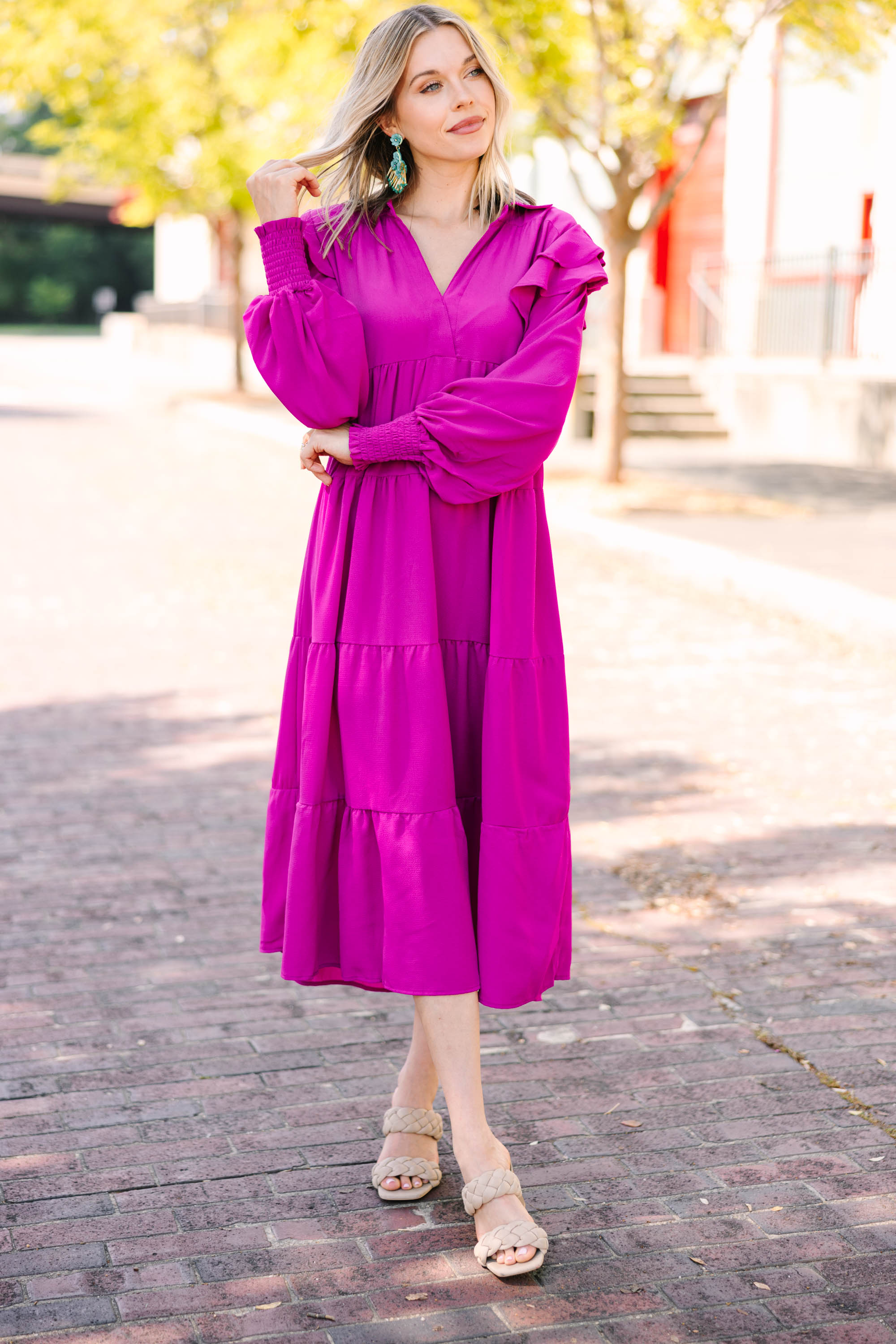 Gorgeous Magenta Purple Ruffled Midi Dress - Feel the Fun!