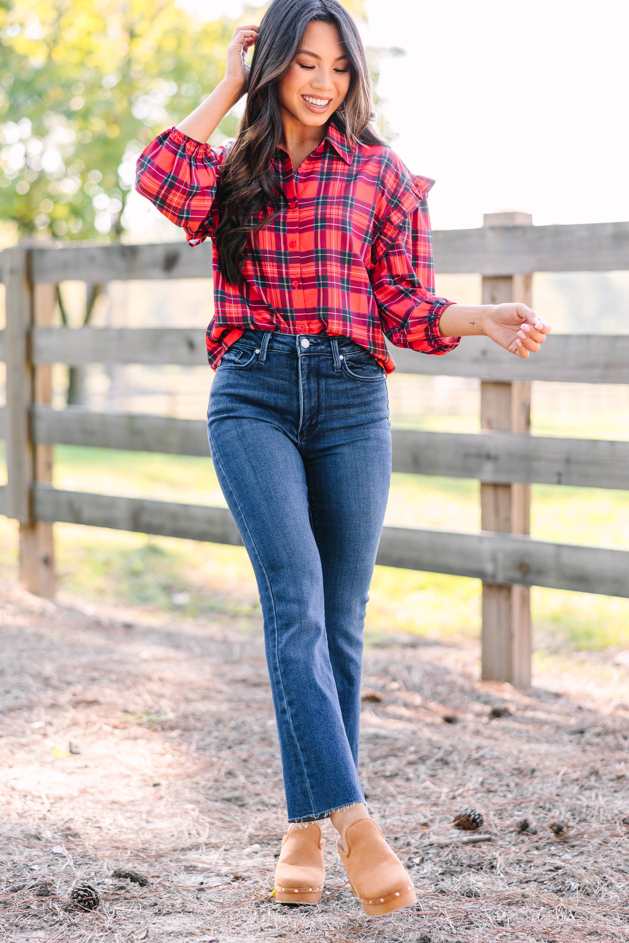 Gorgeous Red Plaid Ruffled Blouse - A Must-Have!